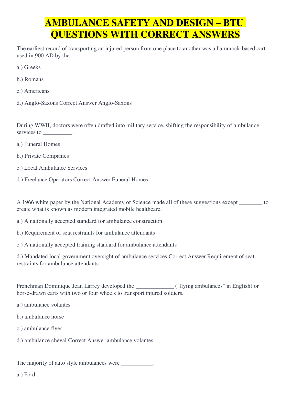Preview image for AMBULANCE SAFETY AND DESIGN – BTU QUESTIONS WITH CORRECT ANSWERS